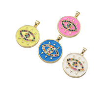 Load image into Gallery viewer, Gold Filled Colorful CZ Evil Eye On Enamel Round Coin Shape Pendant, 18K Gold Filled Micro CZ Pave Charm, 25x23mm,Sku#FH173