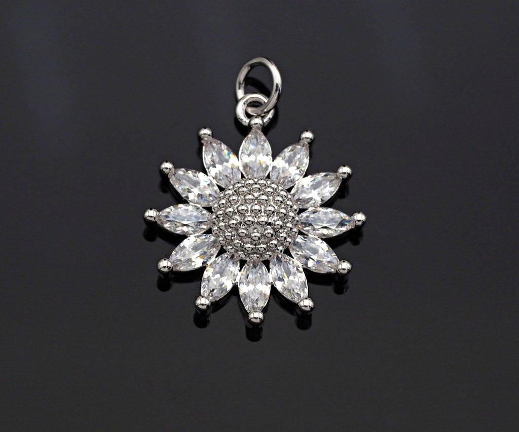 CZ Micro Pave Sunflower Pendant, Gold/Silver Plated Jewelry, sku#F1219C