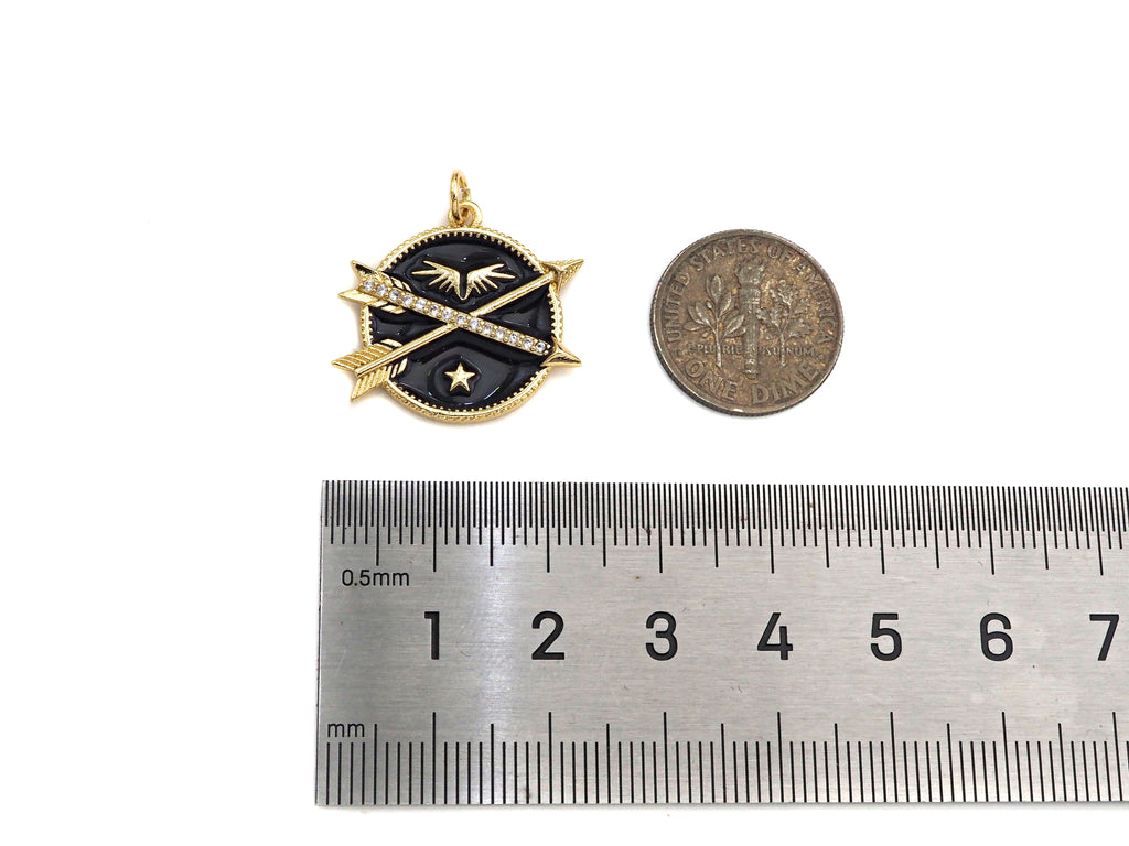 Black/White Enamel PAVE Arrows Cross On Round Coin Pendant, Enamel Round Pendant, Pave Enamel Jewelry Findings,25x21mm,sku#FH148