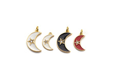Load image into Gallery viewer, Enamel Moon Star charm, Black Red White Gold CZ Half Moon Pendant, Enamel Moon charm, 10x19mm/18x21mm, sku#FH14