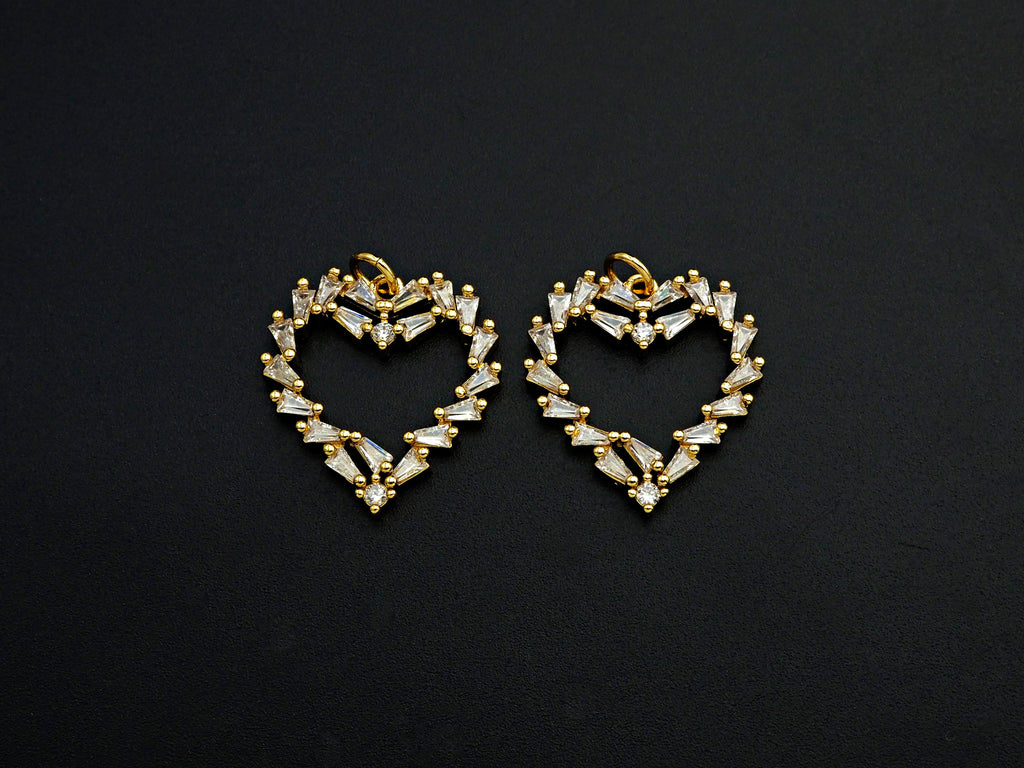 Bagette CZ Micro Pave Heart Shaped Pendant,Heart Cubic Zirconia Pendant, Gold Tone Heart, 22mm,Sku#F1112