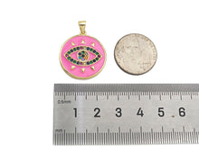 Load image into Gallery viewer, Gold Filled Colorful CZ Evil Eye On Enamel Round Coin Shape Pendant, 18K Gold Filled Micro CZ Pave Charm, 25x23mm,Sku#FH173