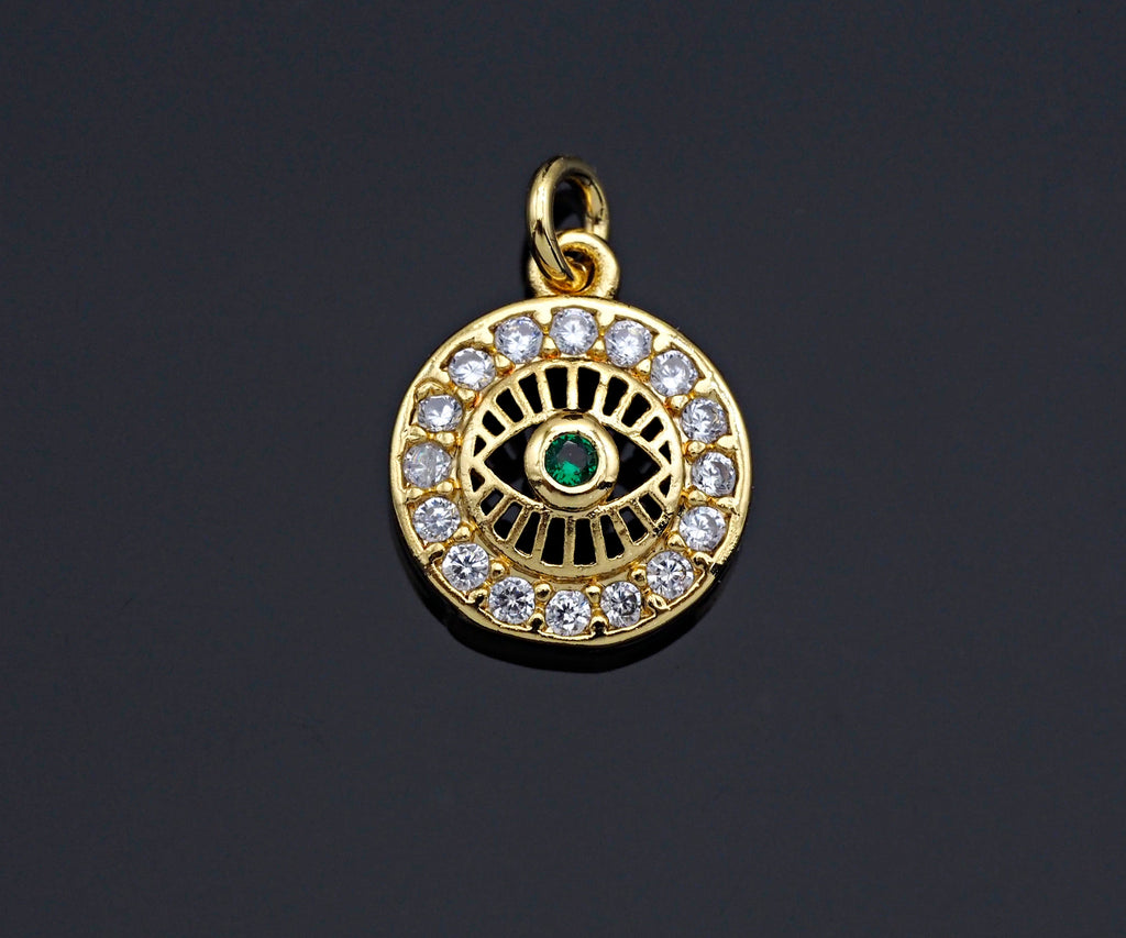 CZ Micro Pave Evil Eye On Round Pendant,Cubic Zirconia Round Evil Eye Pave Pendant Beads, Pave Charm, 11x13mm, SKU#F1190