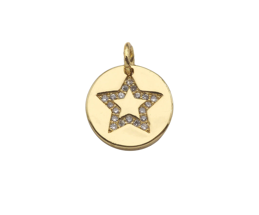 CZ Micro Pave Heart Star Moon On Round Coin Shape Pendant,CZ Dainty Gold Medallion Charm, Necklace Bracelet Charm Pendant,12x12mm, Sku#F1382
