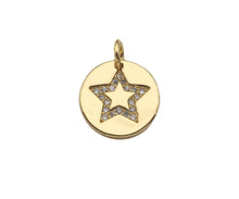 Load image into Gallery viewer, CZ Micro Pave Heart Star Moon On Round Coin Shape Pendant,CZ Dainty Gold Medallion Charm, Necklace Bracelet Charm Pendant,12x12mm, Sku#F1382