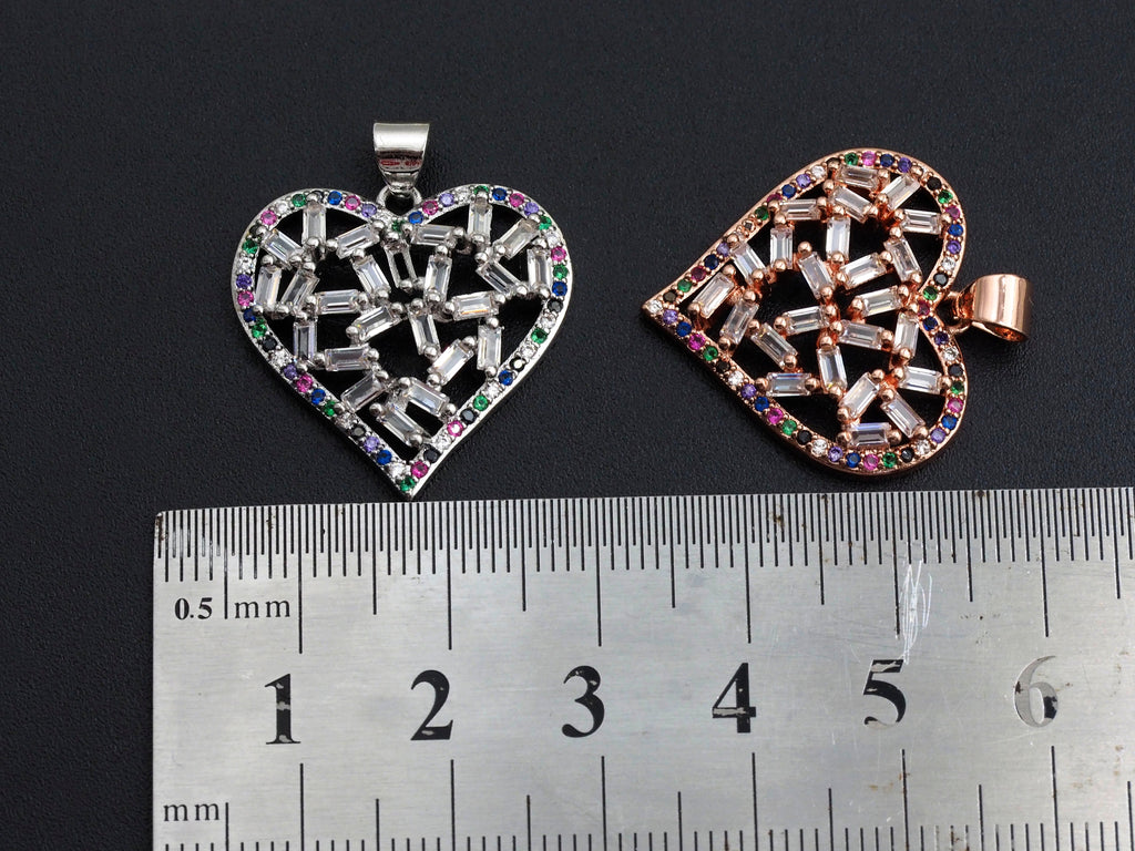 Bagette CZ Micro Pave Filigree Heart Pendant, Heart Shaped Pave Pendant, Gold/Rose Gold/Silver/Gunmetal plated, 28mm, Sku#FH44