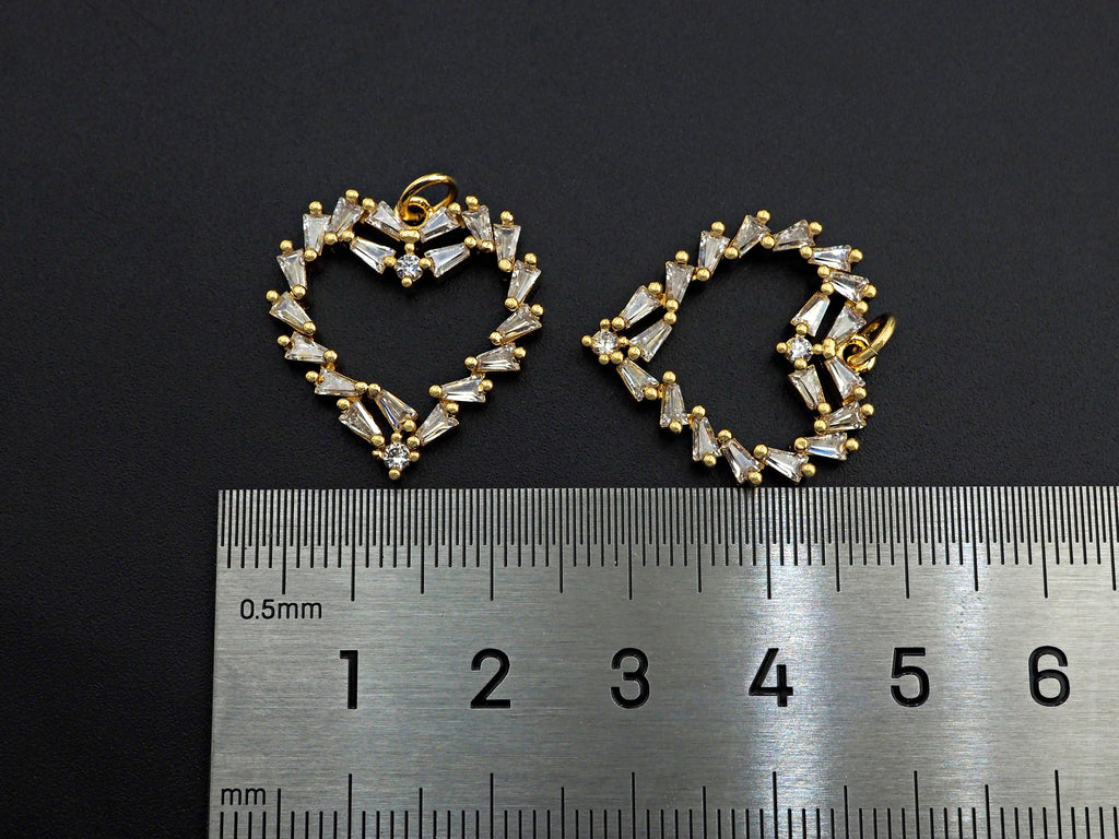 Bagette CZ Micro Pave Heart Shaped Pendant,Heart Cubic Zirconia Pendant, Gold Tone Heart, 22mm,Sku#F1112
