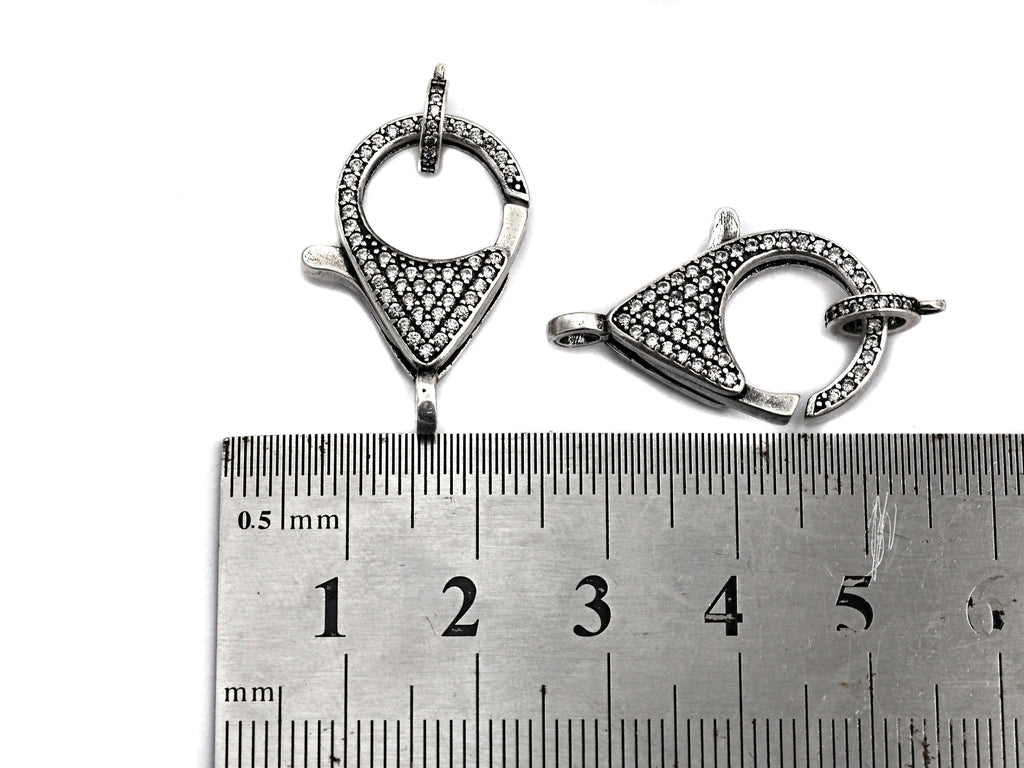 CZ Micro Pave Teardrop Lobster Claw Clasp, Cubic Zirconia Clasp, Antique Silver Plated Clasp, 18x26mm,sku#H173