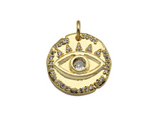 Load image into Gallery viewer, CZ Micro Pave Evil Eye On Hammered Coin Pendant/Charm,Cubic Zirconia Gold/Silver Charm, Necklace Bracelet Charm Pendant,16x16mm, Sku#L398