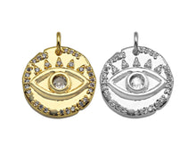 Load image into Gallery viewer, CZ Micro Pave Evil Eye On Hammered Coin Pendant/Charm,Cubic Zirconia Gold/Silver Charm, Necklace Bracelet Charm Pendant,16x16mm, Sku#L398