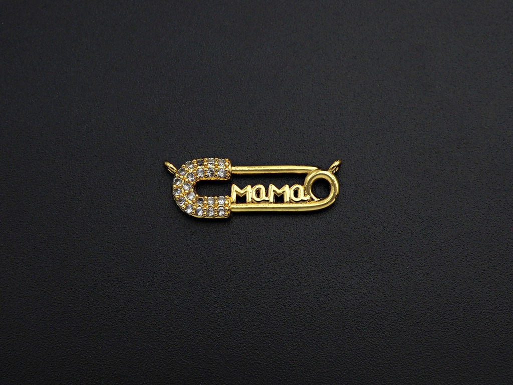 CZ Micro Pave Mama Safety Pin Pendant, Safety Pin Cubic Zirc