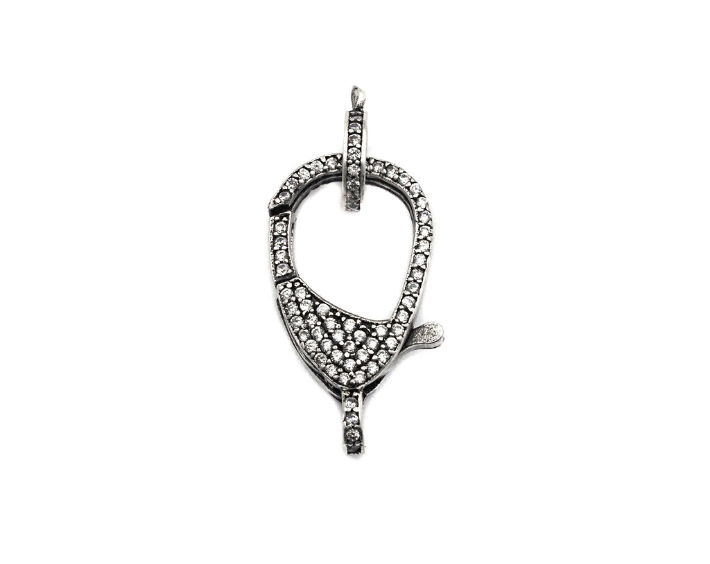 CZ Micro Pave Teardrop Lobster Claw Clasp, Antique Silver Plated Cubic Zirconia Clasp, 12x23mm,sku#H174