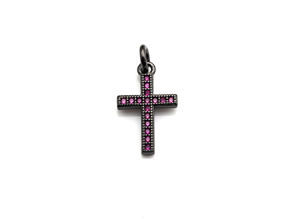 CZ Micro Pave Cross Charm, Black/Fuchsia/Turquoise/Cobalt Blue Cubic Zirconia Cross, 10x16mm, sku#X143
