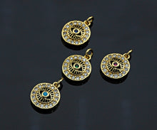 Load image into Gallery viewer, CZ Micro Pave Evil Eye On Round Pendant,Cubic Zirconia Round Evil Eye Pave Pendant Beads, Pave Charm, 11x13mm, SKU#F1190