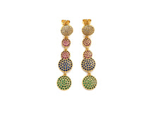 Load image into Gallery viewer, Colorful CZ Micro Pave Five Round Dots Dangle&amp;Drop Earrings, Colorful CZ micro pave earrings, Statement Earrings, 47mm, sku#J275