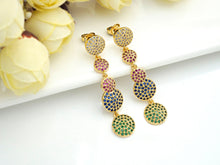 Load image into Gallery viewer, Colorful CZ Micro Pave Five Round Dots Dangle&amp;Drop Earrings, Colorful CZ micro pave earrings, Statement Earrings, 47mm, sku#J275
