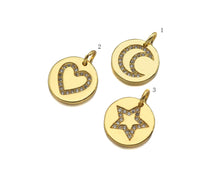 Load image into Gallery viewer, CZ Micro Pave Heart Star Moon On Round Coin Shape Pendant,CZ Dainty Gold Medallion Charm, Necklace Bracelet Charm Pendant,12x12mm, Sku#F1382