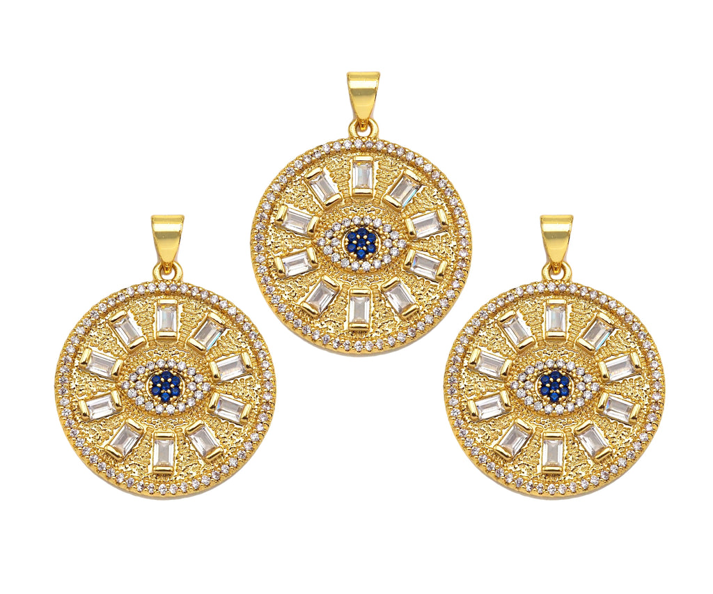 Big CZ Micro Pave Evil Eye On Round Coin Shape Pendant/Charm,Cubic Zirconia Medallion Charm, Necklace Bracelet Charm, 26x23mm, Sku#F1360