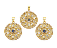 Load image into Gallery viewer, Big CZ Micro Pave Evil Eye On Round Coin Shape Pendant/Charm,Cubic Zirconia Medallion Charm, Necklace Bracelet Charm, 26x23mm, Sku#F1360