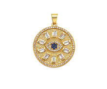 Load image into Gallery viewer, Big CZ Micro Pave Evil Eye On Round Coin Shape Pendant/Charm,Cubic Zirconia Medallion Charm, Necklace Bracelet Charm, 26x23mm, Sku#F1360
