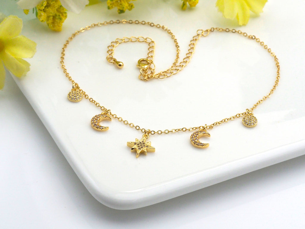 Gold Moon Star Coin Charm Necklace, z708