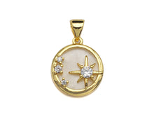 Load image into Gallery viewer, Clear CZ Micro Pave North Star On Round Coin Shape Pendant Charm, Cubic Zirconia Round Coin Mother Of Pearl Charm,14x16mm,sku#LK160