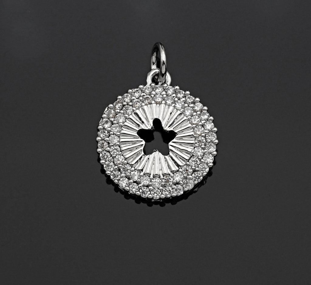 CZ Micro Pave Hollow Out Five Star On Round Coin Shape Pendant, Gold/Silver Plated,Necklace Bracelet Charm Pendant,14x16mm,sku#F1253