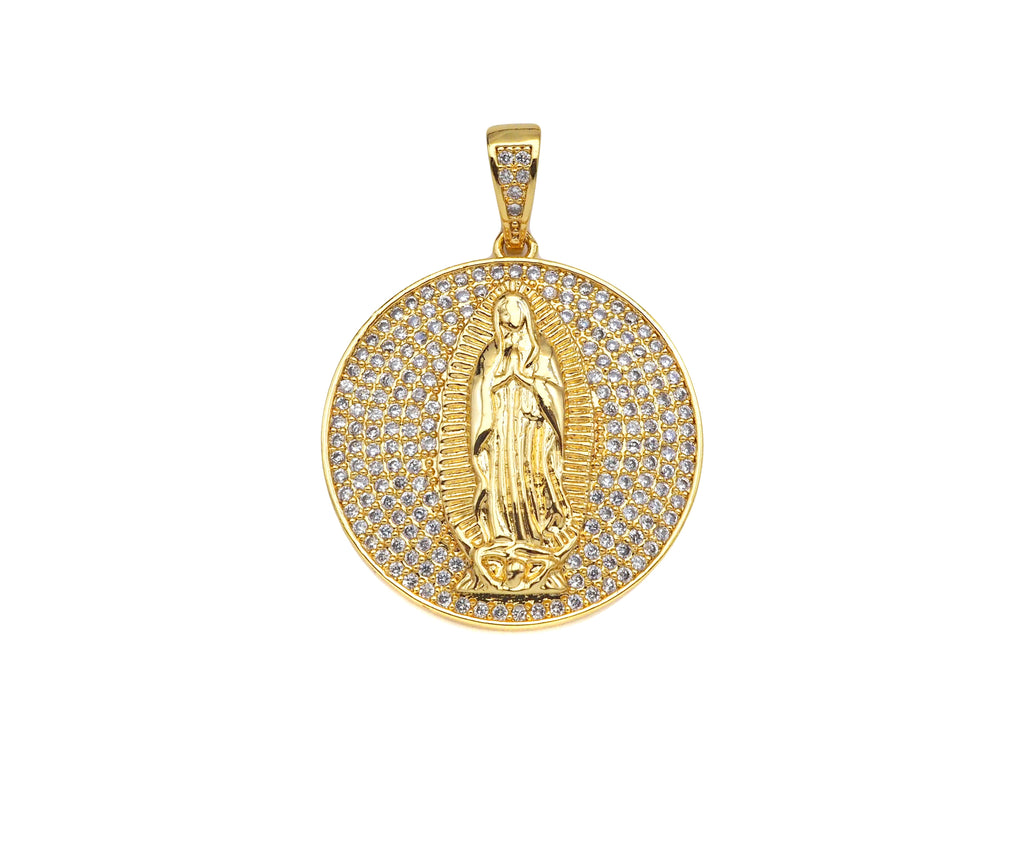 CZ Micro Pave Virgin Mary On Round Coin Shape Pendant,18K Gold Filled/Silver Medallion Charm, Necklace Bracelet Pendant,26x29mm,Sku#F1406