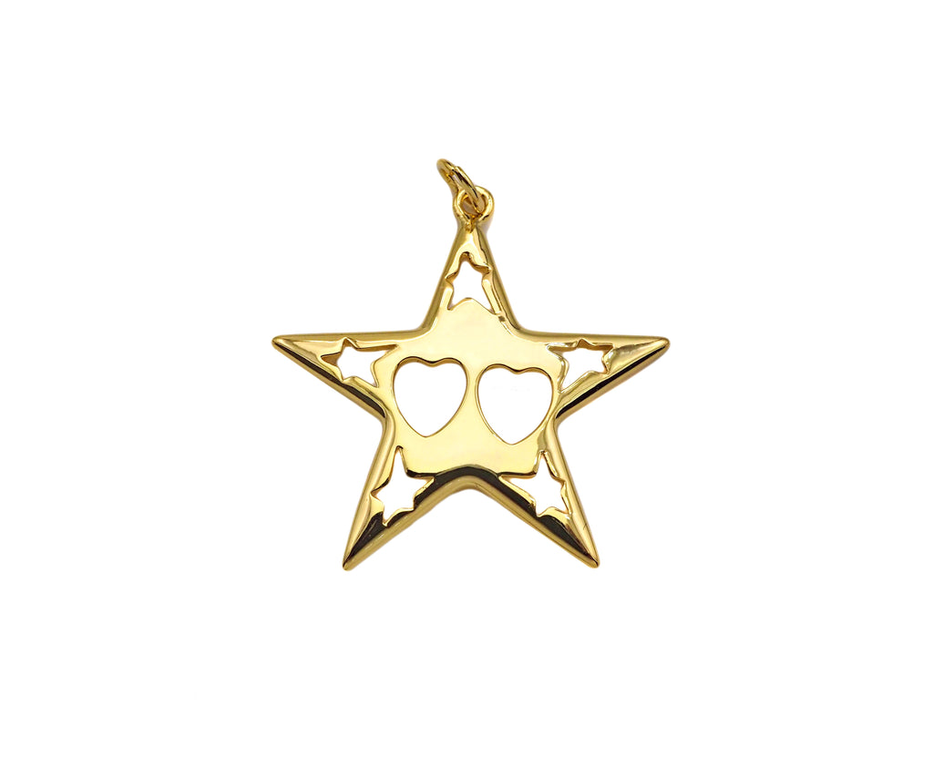 18K Dainty Gold Hollow Out Heart and Star On Five Point Star Shape Pendant, Necklace Bracelet Charm Pendant, 29x30mm, Sku#F1394