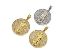 Load image into Gallery viewer, CZ Micro Pave Virgin Mary On Round Coin Shape Pendant,18K Gold Filled/Silver Medallion Charm, Necklace Bracelet Pendant,26x29mm,Sku#F1406