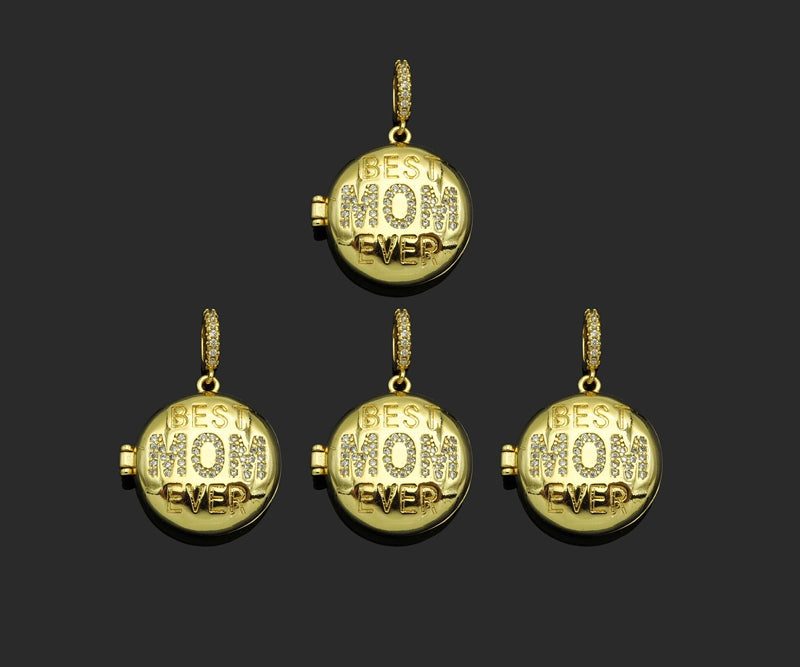 CZ Micro Pave Mom On Open-Up Round Box Shape Pendant, 22x23mm,Sku#F1405C