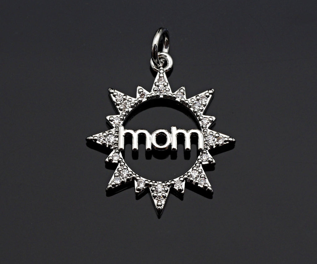 CZ Micro Pave Mom On Sunflower Round Ring Pendant/Charm,Cubic Zirconia Paved Charm, Necklace Bracelet Charm Pendant,19x21mm, sku#L376