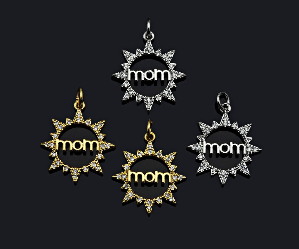 CZ Micro Pave Mom On Sunflower Round Ring Pendant/Charm,Cubic Zirconia Paved Charm, Necklace Bracelet Charm Pendant,19x21mm, sku#L376