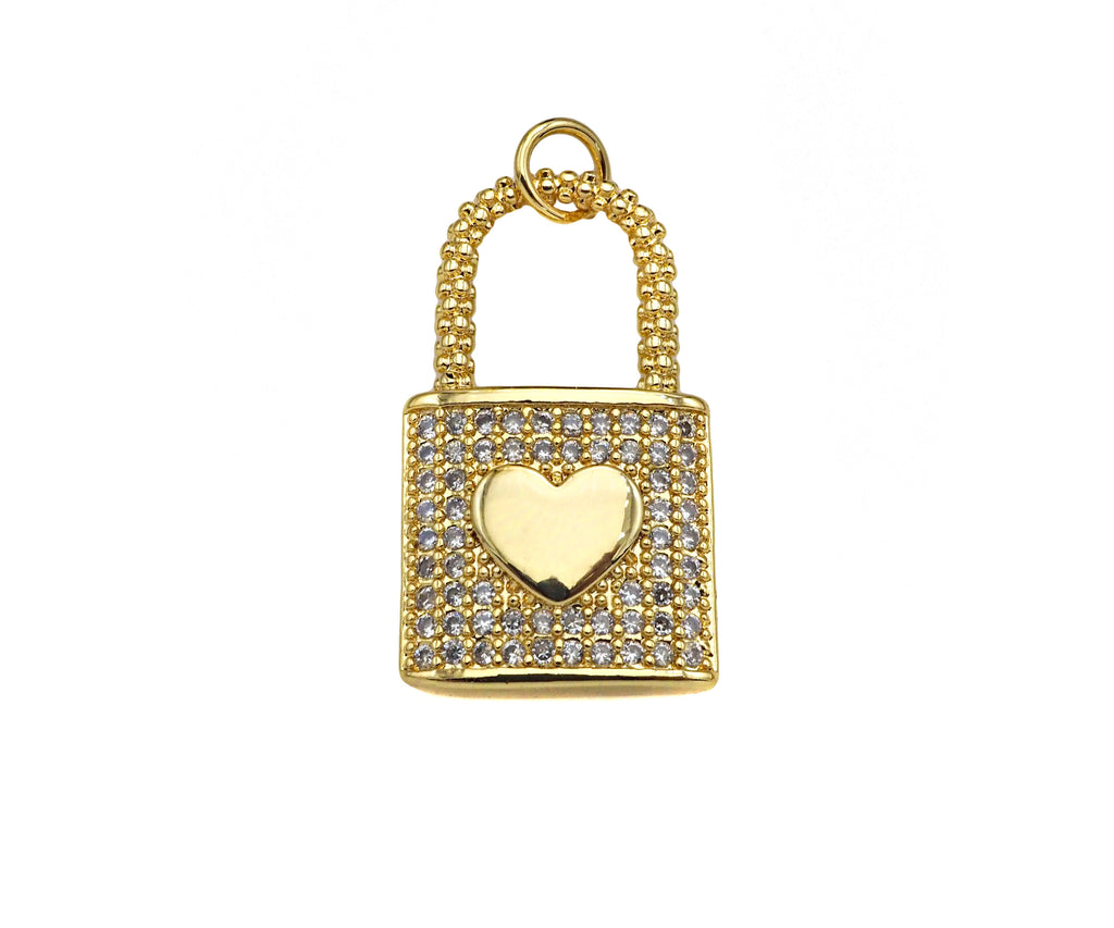 CZ Micro Pave Heart On Lock Shape Pendant/Charm,18K Gold Fil