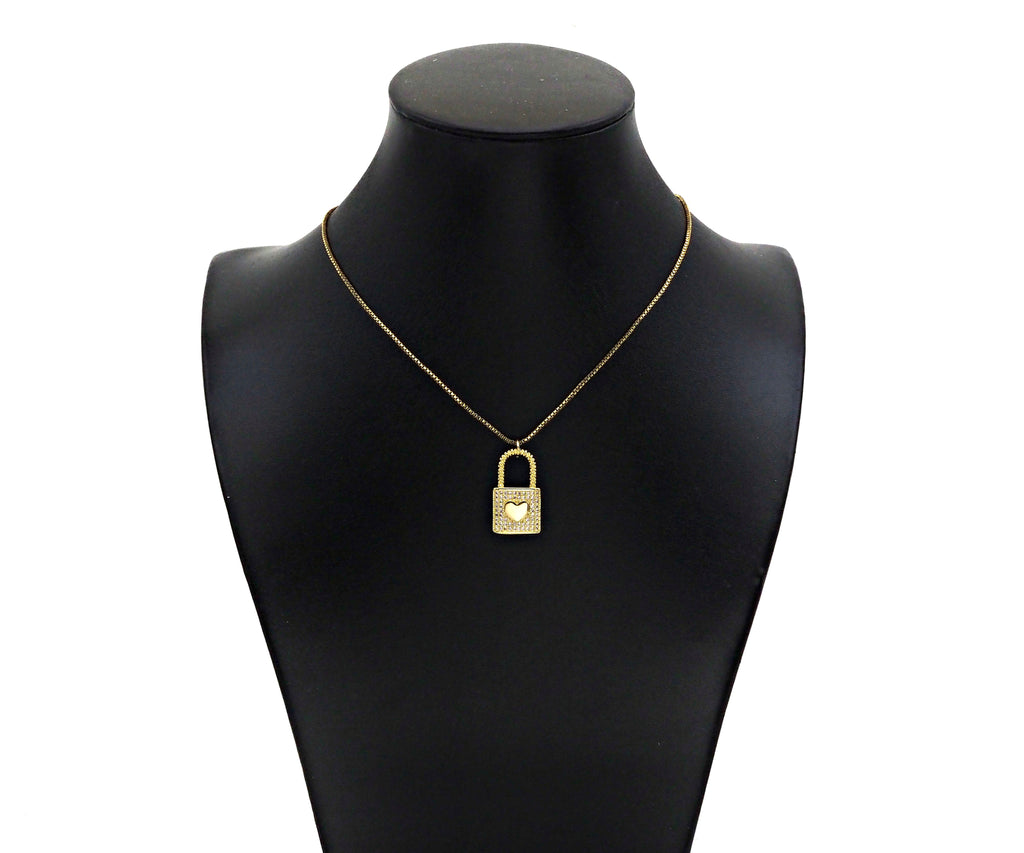 CZ Micro Pave Heart On Lock Shape Pendant/Charm,18K Gold Fil