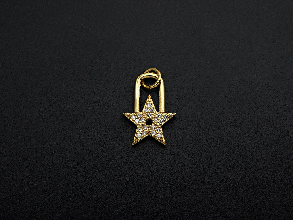 CZ Micro Pave Five Star Lock Pendant Charm, Cubic Zirconia Star Pendant, Gold Tone pendant, 11x16mm, sku#F1104