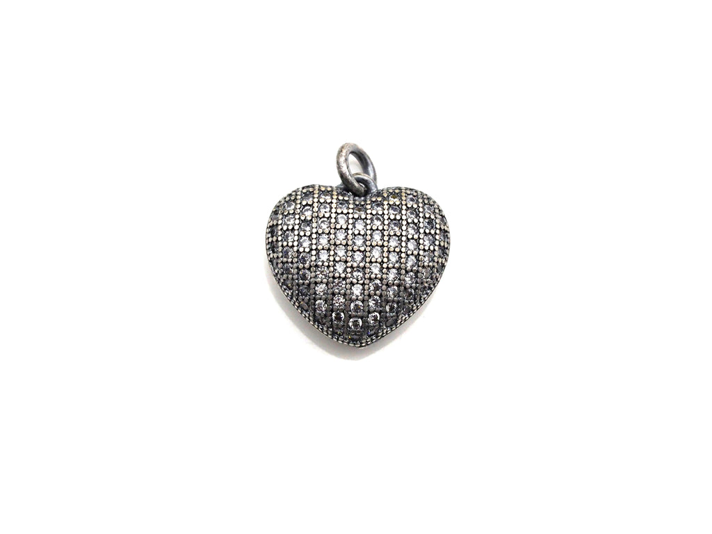 Rhodium CZ Micro Pave Heart Shape Pendant, Antique Silver Tone, Cubic Zirconia Pave Heart Pendant, 15mm,sku#X127