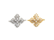 Load image into Gallery viewer, Gold Silver Baguette CZ Flower Connector Charm, Cubic Zirconia Pendant, Silver/Gold Tone, 23x31mm, Sku#FH62