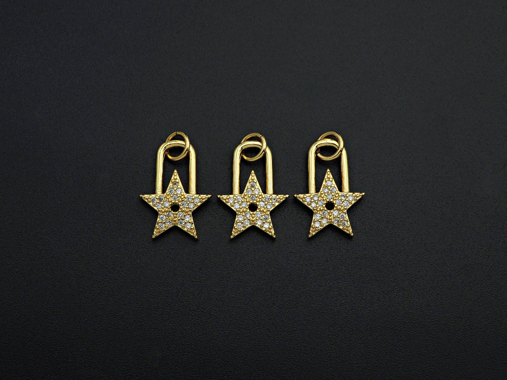 CZ Micro Pave Five Star Lock Pendant Charm, Cubic Zirconia Star Pendant, Gold Tone pendant, 11x16mm, sku#F1104