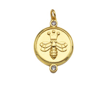 Load image into Gallery viewer, CZ Micro Pave Bee Crown On Round Coin Pendant/Charm, Bracelet Necklace CZ  Round Pendant Charm, Silver/Gold Tone,18x26mm,Sku#L460