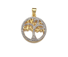 Load image into Gallery viewer, Dual Color Life Tree CZ Micro Pave Round Ring Charms, Life Tree Pendant, Gold Pendant, Round Necklace Charms, 19x22mm, Sku#F1276