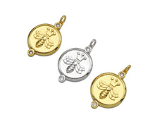 Load image into Gallery viewer, CZ Micro Pave Bee Crown On Round Coin Pendant/Charm, Bracelet Necklace CZ  Round Pendant Charm, Silver/Gold Tone,18x26mm,Sku#L460