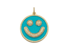 Load image into Gallery viewer, Large Pave Enamel Hot Pink/Turquoise Smiley Face 38mm Pendant, Cubic Zirconia Pave Pendant, Happy face charm, Pink Smiley Face, Sku#ML39