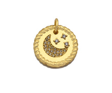 Load image into Gallery viewer, CZ Micro Pave Cresent Moon Star On Round Coin Pendant, Bracelet Necklace CZ  Round Coin Pendant Charm, Silver/Gold Tone,16x16mm,sku#L461
