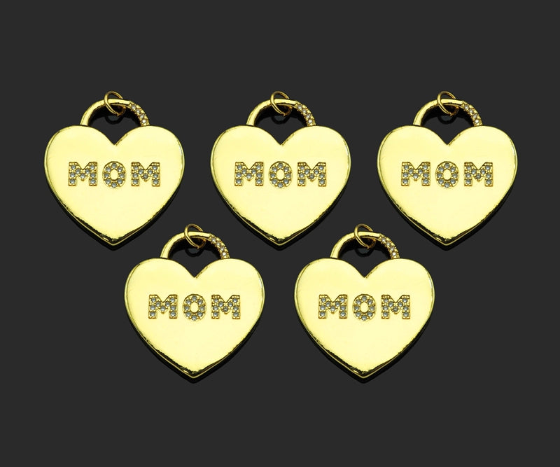 CZ Micro Pave Mom Word On Heart Lock Shape Pendant,18K Gold Filled Charm, DIY Mother's Day Necklace Bracelet Charm Pendant,25x28mm,Sku#LD131