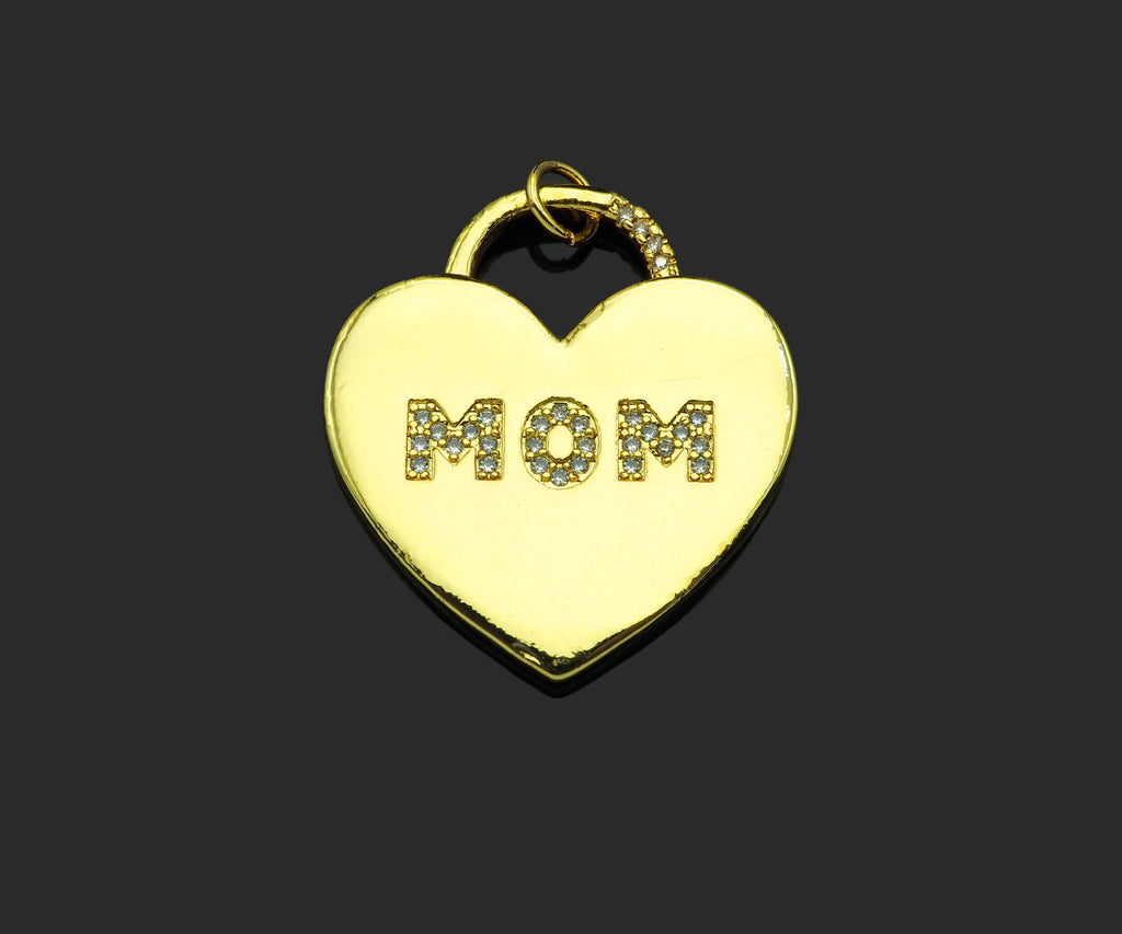CZ Micro Pave Mom Word On Heart Lock Shape Pendant,18K Gold Filled Charm, DIY Mother's Day Necklace Bracelet Charm Pendant,25x28mm,Sku#LD131