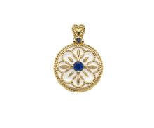 Load image into Gallery viewer, Gold Filled White Enamel Flower On Round Coin Shape Pendant, Cobalt CZ Micro Pave 14K Gold Filled Charm,Enamel Jewelry,15x20mm,Sku#CP37
