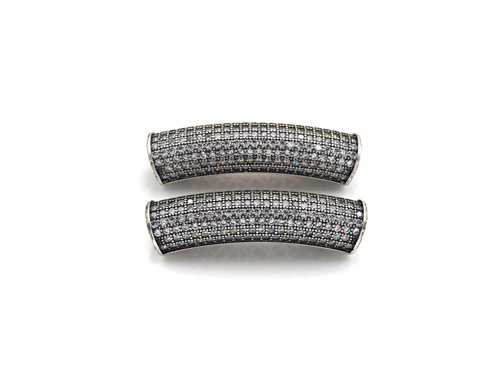 Rhodium CZ Micro Pave Half Full Pave Tube, Antique Silver Tone, Cubic Zirconia Pave Separator Tube Beads,39x10mm,sku#X128