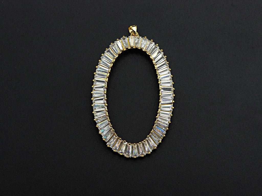 Large Micro Pave Bagette CZ Oval Pendant, Cubic Zirconia  O Shape Pendant, Silver/Gold Tone, 39x62mm, Sku#FH82