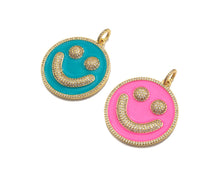 Load image into Gallery viewer, Large Pave Enamel Hot Pink/Turquoise Smiley Face 38mm Pendant, Cubic Zirconia Pave Pendant, Happy face charm, Pink Smiley Face, Sku#ML39